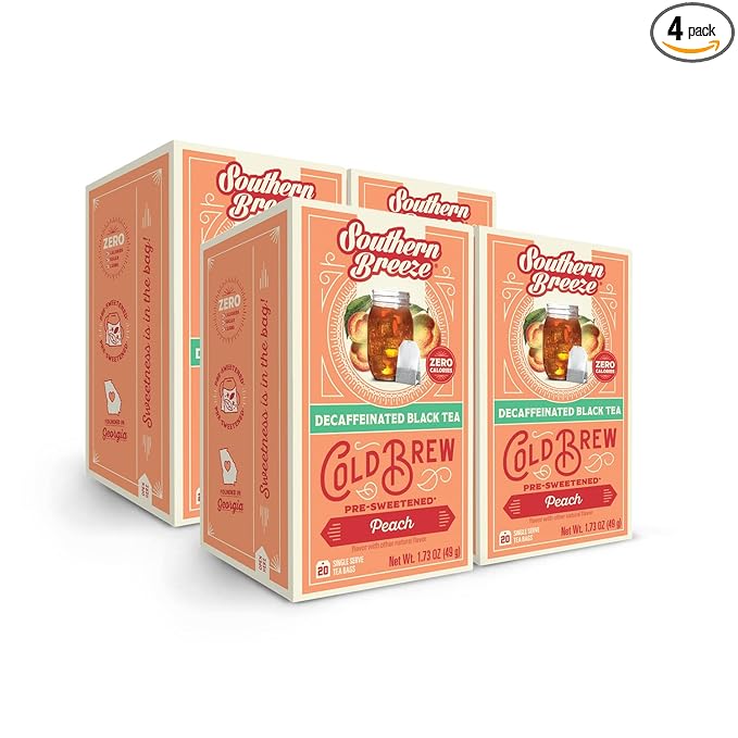 Southern Breeze Decaf Cold Brew Sweet Tea Peach Iced Tea with Black Tea and Zero Carbs Zero Sugar, 20 Individually Wrapped Tea Bags, Pack of 4