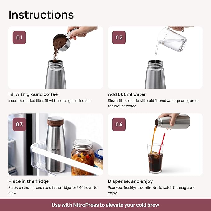 NitroPress Home Brew Kit - Stainless Steel Cold Brew Coffee & Tea Maker | Includes 200 Micron Filter Basket & Airtight Storage Cap | Perfect for Smooth, Fresh Cold Brew at Home
