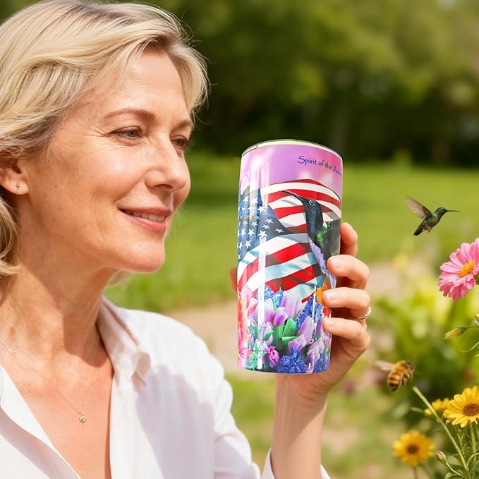 Hummingbird Tumbler - 20oz Stainless Steel Insulated | American Flag & Hummingbird Floral Design, Leak-Proof Patriotic Travel Mug for Hot/Cold Drinks, Hummingbird Gifts For Women, Her, Mom
