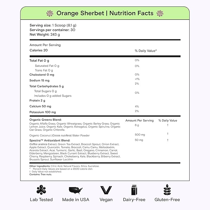 Kiala Nutrition Super Greens, Organic Greens Powder with Spirulina & Chlorella for Digestion, Gut Health, Immunity, Energy, Gluten Free, Vegan, Sugar Free, Spectra Blend, Orange Sherbet, 30 Servings