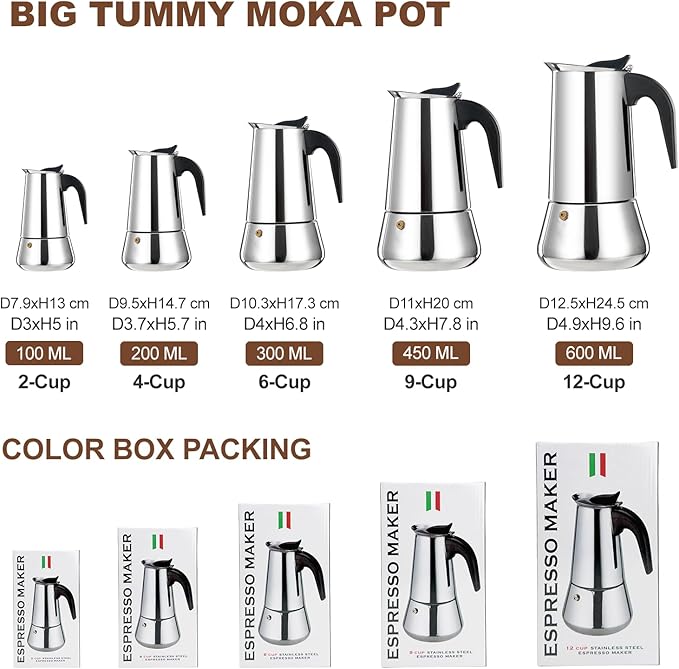 12 Cup Stovetop Espresso Maker Stainless Steel Moka Pot Stove Top Percolator Italian Coffee Makers Capable Mocha Greca Machine Cafe Classic Induction Cookers for Home and Camping 600ml 20oz