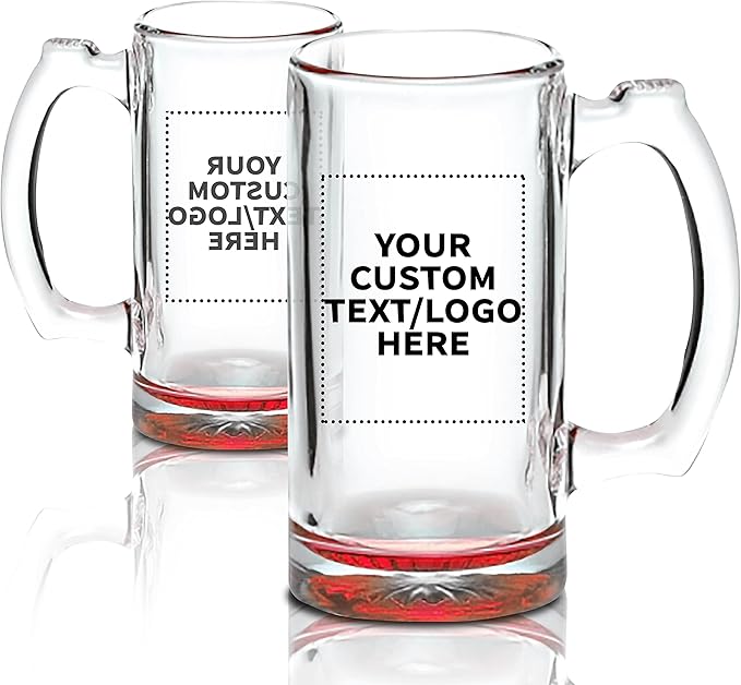 12 Libbey Beer Mugs Set, 12 oz. - Customizable Text, Logo - Groomsmen Glassware - Red