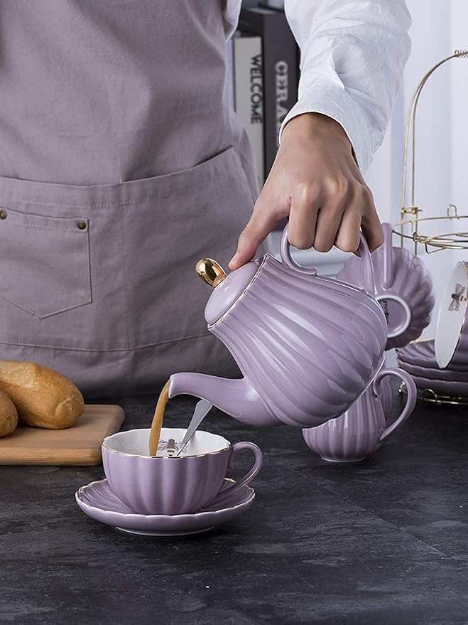 YBK Tech Strengthen Porcelain Teapot, 31oz Coffee Pot Ceramic Teapot- Stripe Design (Purple)