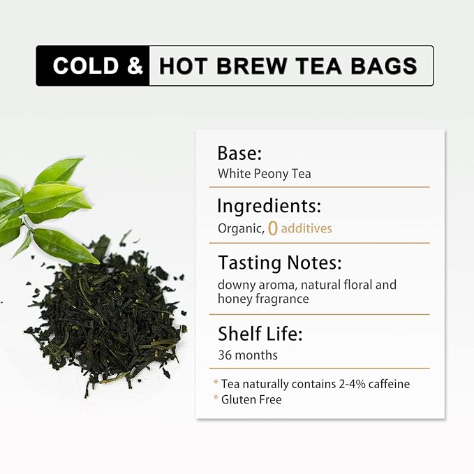 RIANTEA Organic White Tea Bag 36 Count - Cold Brew Loose Leaf Tea Bags, Biodegradable Corn Fiber Sachets, Full-Leaf, Eco-Conscious Iced Tea, Refreshing & Smooth Flavor