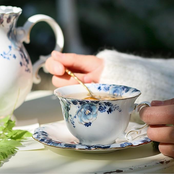 Bone China Tea Cups and Saucers, Vintage Teacups and Saucers for Women Tea Party (Blue B)