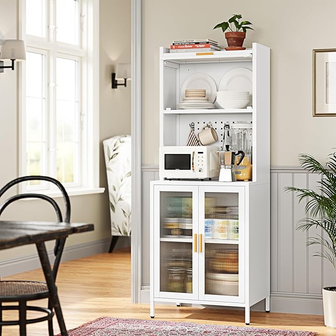 Letaya Metal Kitchen Pantry Cabinet,72.6" Tall Kitchen Bakers Rack with Storage, Coffee Hutch with countertop,Metal Microwave Stand with Glass Doors for Dining Room, Laundry, Hallway,White
