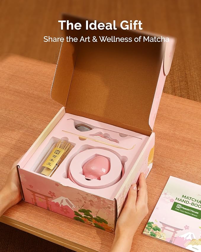 Maestri House Pink Matcha Whisk Set, 7-Pc Complete Matcha Kit with Spouted Ceramic Bowl, Bamboo Whisk and Holder, Scoop, Spoon Rest & Sifter, Tea Cloth – Ideal Gift for Matcha Lovers (Pink)
