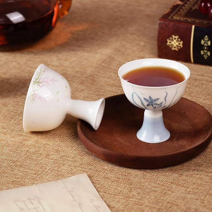 KAMMAK Tea Cup, 2.5oz Small Tea Cups Set of 2, White Porcelain Tea Set with Short Stem for Hot/Cold Drink, Pink and Blue Floral Ceramic Teacups, Chinese Kungfu Tea Cups for Home, Tea Party, Office
