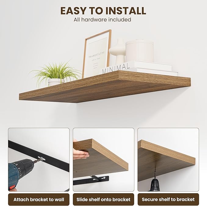 Dreamland 48" Floating Shelves for Wall, 12" Deep Slim Walnut Floating Shelves, Wall-Mounted Shelves for Bedroom, Living Room, Kitchen, Bathroom - Set of 2