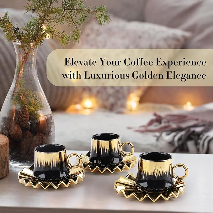 Goldmeet 6-Piece Turkish Coffee Cup Set, 3.5oz Elegant Ceramic Tea Cups with Saucers for Cappuccino Latte, Espresso Cup Set with Gift Box for Home & Cafe Use, Black Gold Luxury Design