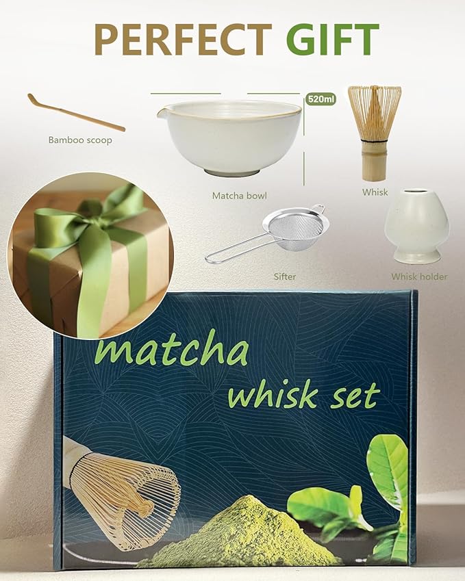 Matcha Whisk Set with Matcha Bowl, Matcha Bamboo Whisk, Scoop, Sifter, Matcha Set Holder Unique Gifts for Women Men Girl Friend Home Kitchen Decor Gifts for Christmas, Birthday(White)
