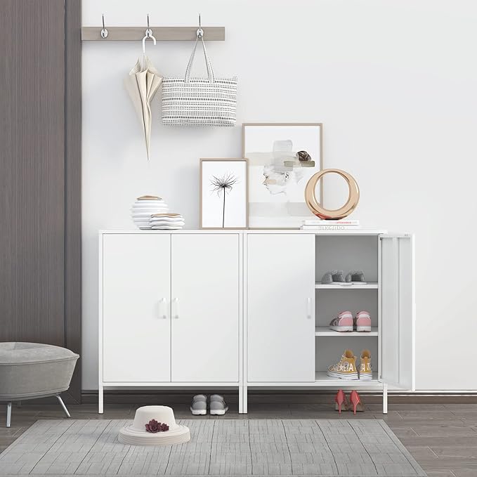 White Metal Storage Cabinet,Metal Locker Storage Cabinet with 2 Doors and Shelves,Kitchen Pantry Cabinet,Modern Storage Freestanding Organizer Rust for Home,Kitchen,Office