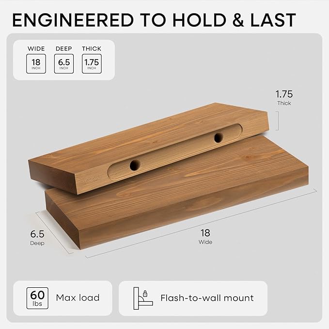 Homeforia 18 inch Golden Oak Floating Shelf, High End Solid Real Wood 18inch Small Floating Shelves for Wall Mounted, Oak Wooden 18in Floating Shelves, Heavy Duty Bracket, 18 X 6.5 X 1.75 in, Set of 4
