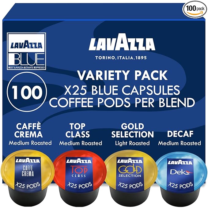 Lavazza Blue Capsules Coffee Pods Variety Pack – 100 Count (25 Each of Top Class, Gold Selection, Decaf Dek & Caffè Crema) – Compatible with Lavazza LB Machines Only