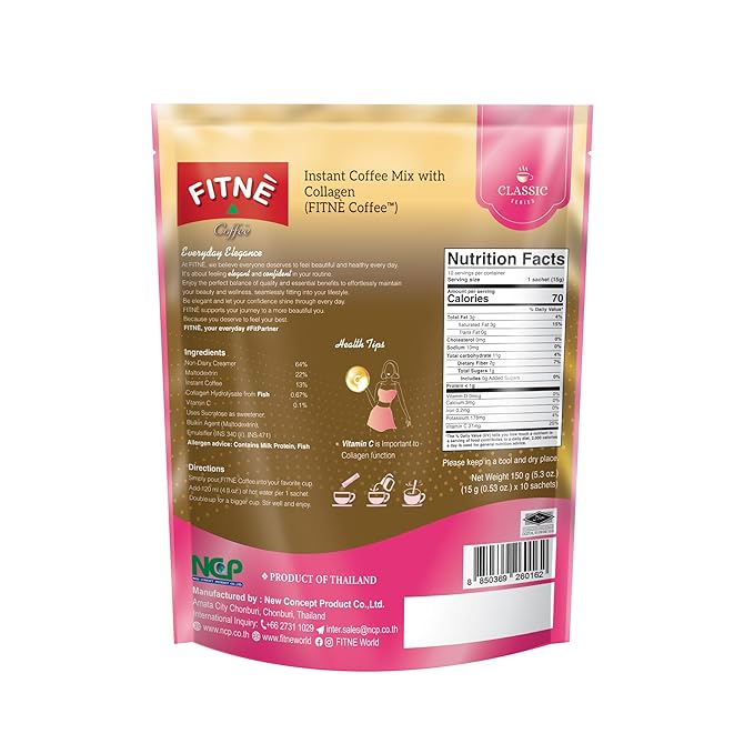 FITNE Instant 3 In 1 Coffee Packets Mix With Natural Hydrolyzed Collagen Vitamin C Smooth Blend Tasty Aromatic No Sugar Sucralose Sweetener, 10 Sachets