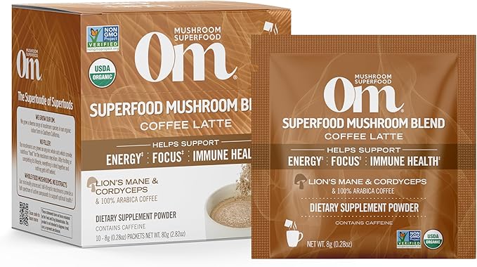 Om Mushroom Superfood Coffee Latte Blend – Functional Mushroom Powder with Lion’s Mane, Cordyceps, Reishi & Chaga – Energy, Focus & Mental Clarity Support – Single Serve Packets (10 Count)