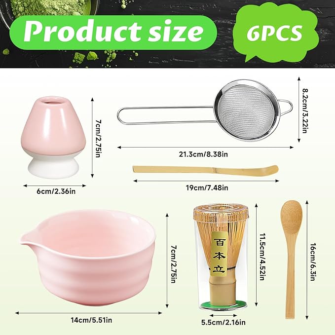 Matcha Set, 6 Pcs Matcha Whisk Set with 20 oz Bowl, Bamboo Whisk for Matcha Tea, Matcha Bowl, Ceramic Matcha whisk Holder, Stainless Sifter and Scoop - Gift for matcha kit Lovers（Pink）