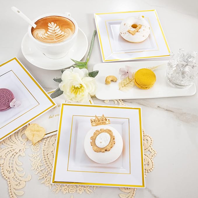 bUCLA 100PCS Gold Square Plastic Plates - 6inch Disposable Dessert/Cake Plates - Premium Hard Square Small Appetizer Plates for Wedding&Party