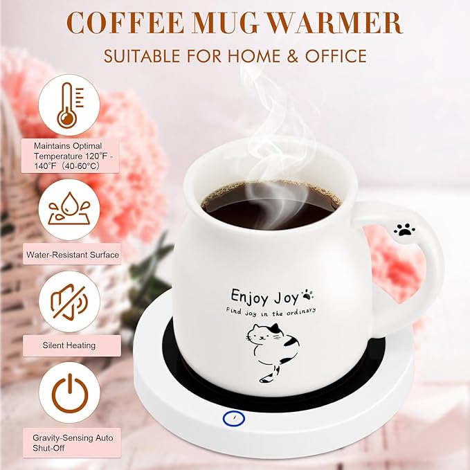 Coffee Mug Warmer, Cute Cat Mug Set, Coffee Cup Warmer for Desk, Gifts for Women, Black and White Heated Coffee Warmer for Mom Home Office Christmas Birthday Gifts