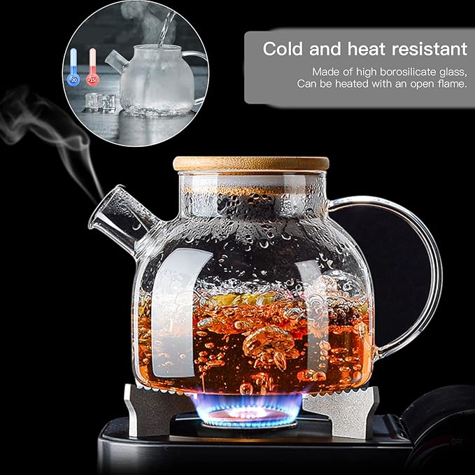 60.8oz Glass Teapot, Stovetop & Microwave Safe Glass Borosilicate Tea Pot,Clear Teapot with Strainer, Glass Tea Kettle with Wooden Lid, Loose Leaf、Fruit Tea and Fragrant Tea