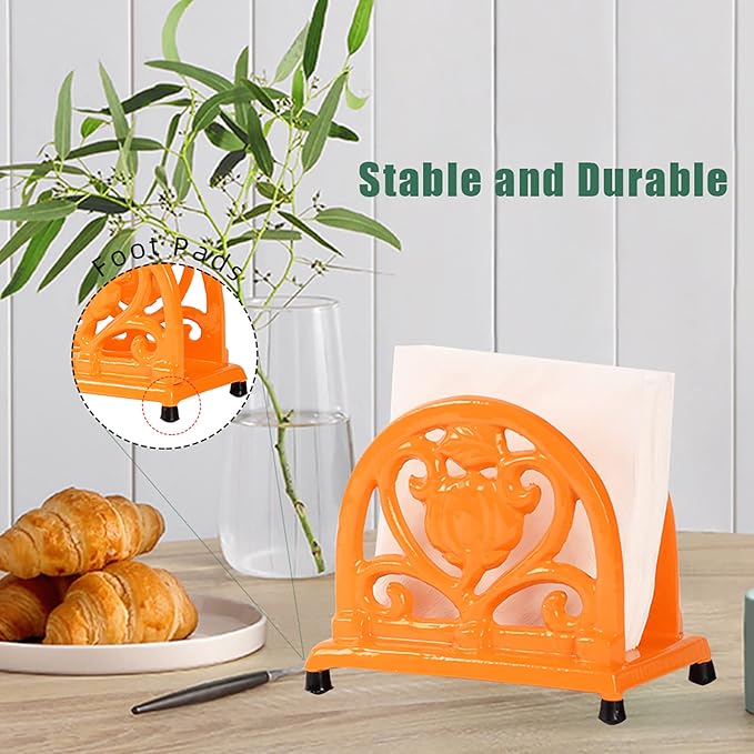 Napkin Holder for Table - Vintage Farmhouse Kitchen Restaurant Cast Iron Napkin Holder for Dinner Cocktail Paper Napkins, Orange