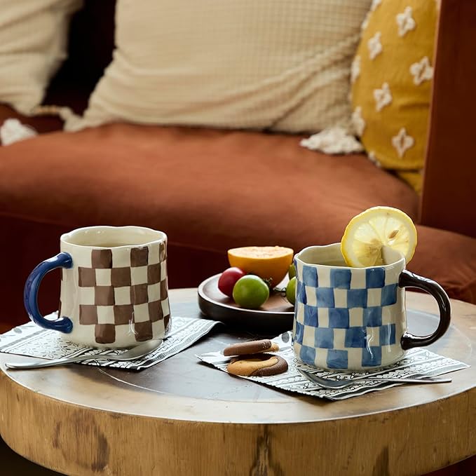 Retro Checkered Ceramic Coffee Mug 16Oz - Extra Large Handle, Microwave Safe Vintage Patterned Tea Cup for Home-4pack