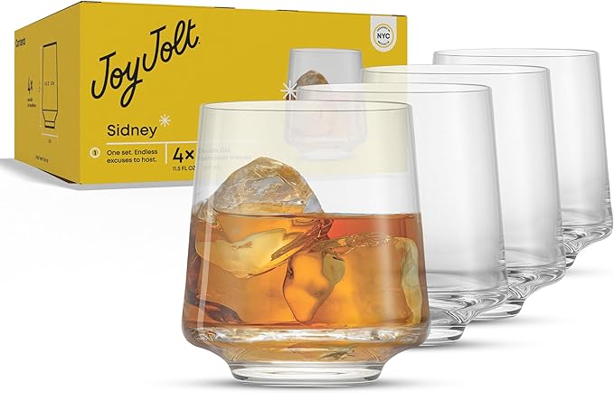 JoyJolt Sidney Double Old Fashioned Glasses Set of 4 | 11.5 oz Rocks Whiskey Glasses for Bourbon Scotch Cocktail Cognac Vodka | Home Bar Lowball Glass Tumblers | Premium Crystal Barware Made in Europe