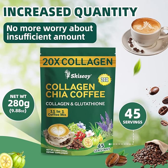 Skiseoy 20x Collagen Chia Coffee - 11-in-1 Coffee Shape Mix with L-Glutathione for Skin, Hair, Joints - Boost Energy and Focus, Vegan Friendly, 45 Servings