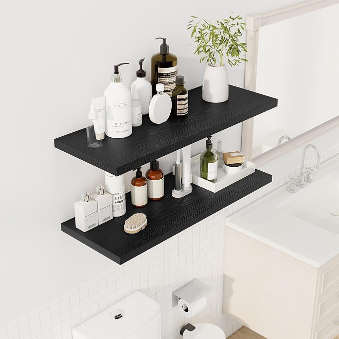 Dreamland 36" Floating Shelves for Wall, 12" Deep Slim Black Floating Shelves, Wall-Mounted Shelves for Bedroom, Living Room, Kitchen, Bathroom - Set of 2