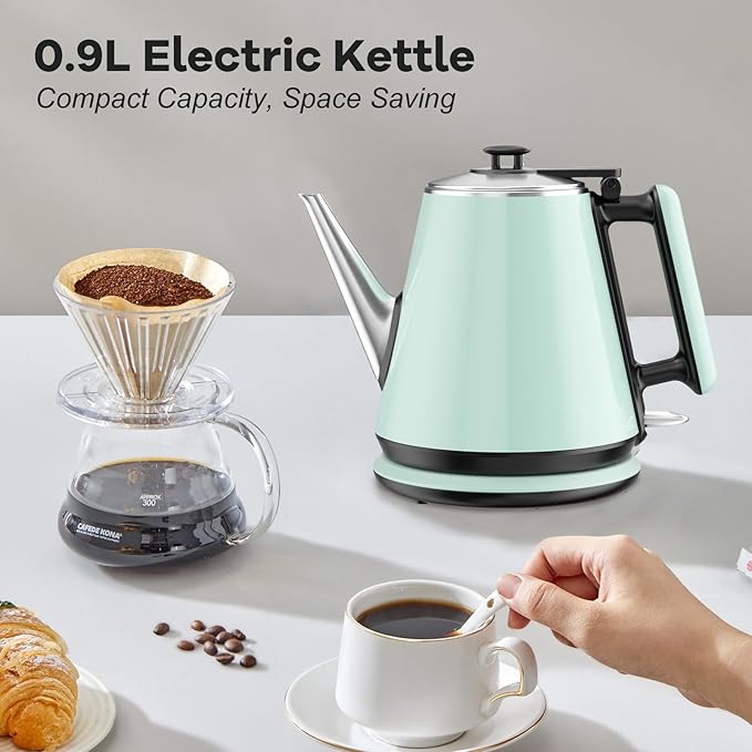 Small Electric Kettle 0.9L, 304 Stainless Steel Inner, 1000W Fast Boiling in 4-6 Mins, Vintage Compact Design with One Key Operation, Auto Shut Off, Dry Boil Protection, for Home, Office, Coffee Etc.
