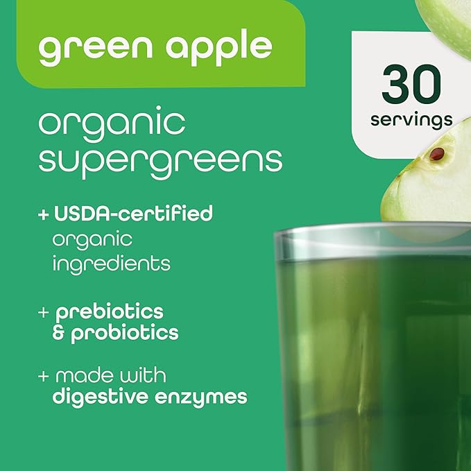 Zena Nutrition Organic Super Greens Powder, 70+ Superfoods, 0 Sugar, 3G Fiber, Spirulina, Chlorella, Mushrooms, Prebiotics/Probiotics, Digestive Enzymes for Gut Health, Green Apple, 30 Servings