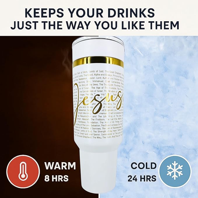 Christian Tumbler 40oz Stainless Steel Insulated Cup with Straw & Handle – Scripture Design Featuring Names of Jesus (Savior, Redeemer, Prince of Peace, Light of the World) (Jesus)