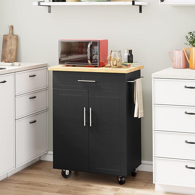 Shintenchi Kitchen Island Cart with Storage,Rolling Kitchen Island Side Table on Wheels with Worktop,Single Door Storage Cabinet and Drawer for Kitchen,Dinning Room, Black