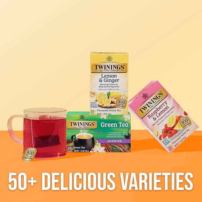 Twinings Raspberry & Lemon Herbal Tea Individually Wrapped Bags, 20 Count (Pack of 1), Unsweetened, Refreshing & Fruity, Naturally Caffeine-Free, Enjoy Hot or Iced, 20 Teabags