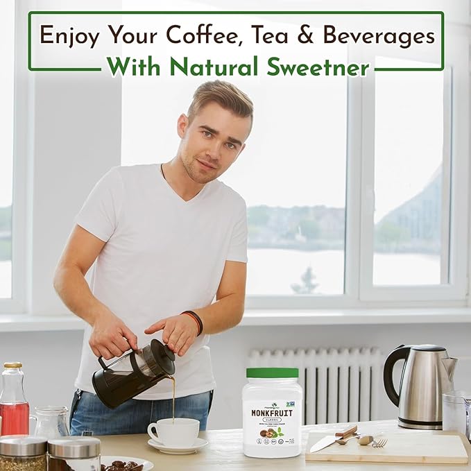 Morning Pep Monk Fruit Sweetener, Classic | White Sugar Substitute, Keto Diet Friendly, 1:1 Sugar Replacement, For Baking, Coffee, Tea, Zero Calorie Non Gmo Project Verified, OU Kosher, White - 2.5 lb