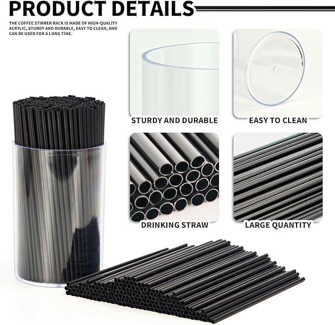 500 Pcs Coffee Stirrers Straws, 5 Inch Disposable Bar Straws for Drinks Short Cocktail Stirrers Straws for Coffee Juice Whiskey and Acrylic Stir Stick Holder (Black)
