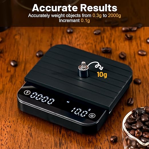 KitchenTour CaféMetric Coffee Scale with Timer 0.1g/2000g - Precision Small Scale for Espresso & Pour Over - Mini Scale with LED Display (Black, Rechargeable)