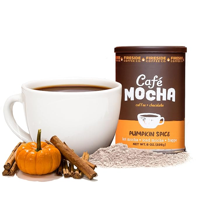 Fireside Coffee Pumpkin Spice Cafe Mocha - Premium Instant Coffee Chocolate Blend - Versatile Caffeinated Drink Mix for Hot, Iced, Milkshake, and Mocha Frappe Mix, Only Add Water and Enjoy, 8 Ounces