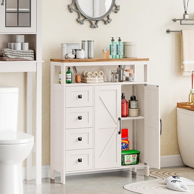 Vabches Farmhouse Storage Cabinet with 2 Doors and 4 Drawers, Freestanding Bathroom Storage Cabinets, Kitchen Pantry Cabinet, Floor Hutch Cupboard for Kitchen/Living Room/Bathroom(Unique White).