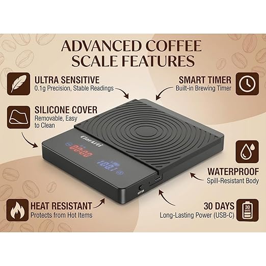 Sensitive Coffee Scale with Timer – High Accuracy Small Espresso Scale for Barista Tools, Pour Over, and Drip Coffee – Precision Espresso Scale with Timer