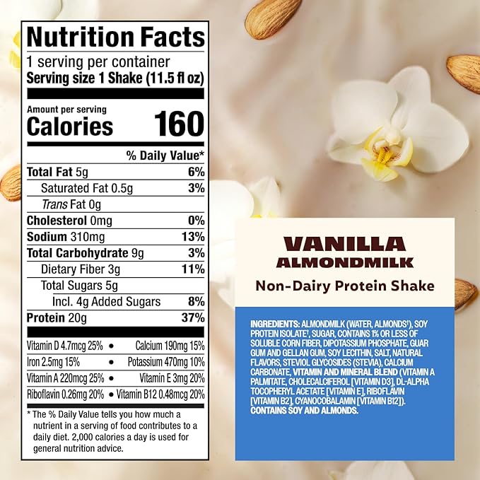 Premier Protein Almondmilk Plant Based Protein Shake, 20g Protein, 5g Sugar, 11.5 Fl oz, Vanilla, 12 Count