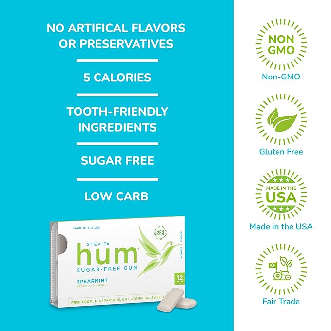 Stevita Hum, Spearmint - Sugar-Free Gum - 12 Pieces, Pack of 12 - Supports Oral Health - Non-GMO, Vegetarian, Keto, Gluten Free - 72 Total Servings