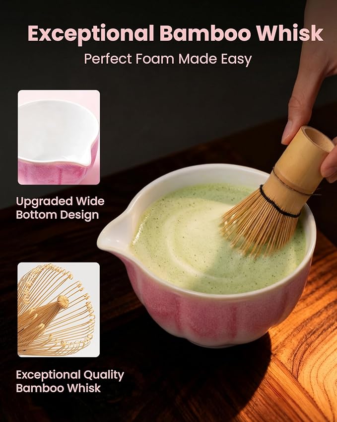 Handcrafted Matcha Kit, 7-Piece Green Tea Set, Includes Ceramic Bowl, Bamboo Whisk, Stainless Steel Sifter, Bamboo Scoop, Whisk Holder & Cotton Towel, Perfect for Tea Ceremony, Pink Small Flower