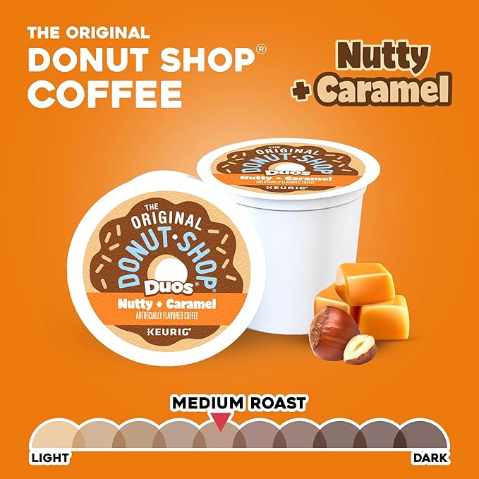 The Original Donut Shop Duos Nutty + Caramel Coffee, Keurig Single Serve K-Cup Pods, Light Roast Coffee, 60 Count, (6 Packs of 10)