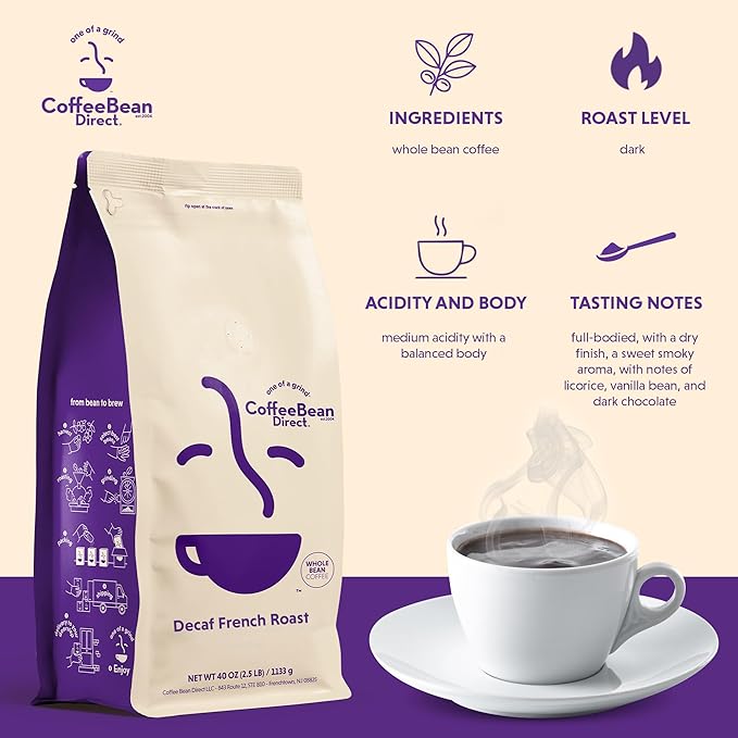 Coffee Bean Direct Decaf French Roast, Whole Bean Coffee, Dark Roast, 2.5 Pound Bag (Pack of 1)