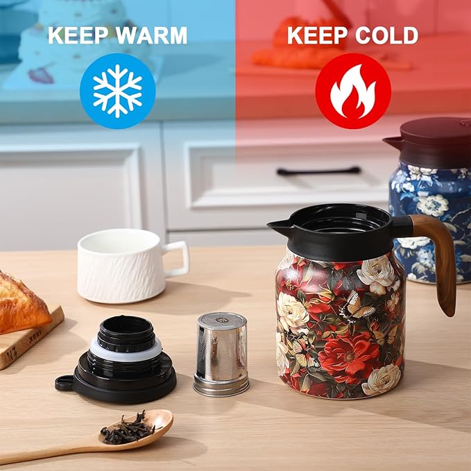 LemonRoad 2 Pcs Vintage Floral Pattern Tea Pot, Vintage Teapot with Infuser, Floral Pattern Tea Pot with Lid, Wooden Handle Thermal Carafe for Hot Drinks Coffee(Red, Blue)
