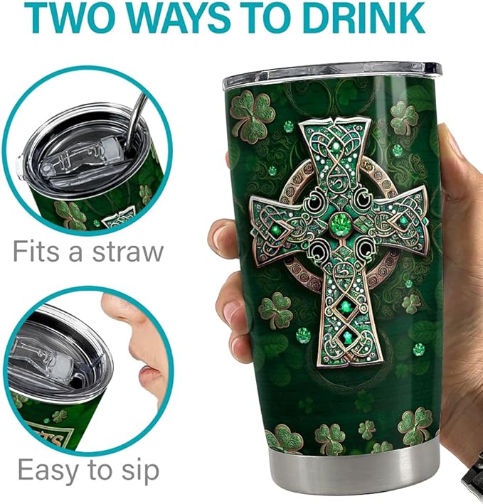 SANDJEST Irish Tumbler 20oz Irish Facts Celtic Cross Stainless Steel Tumbler with Lid Gift for Women Birthday Christmas