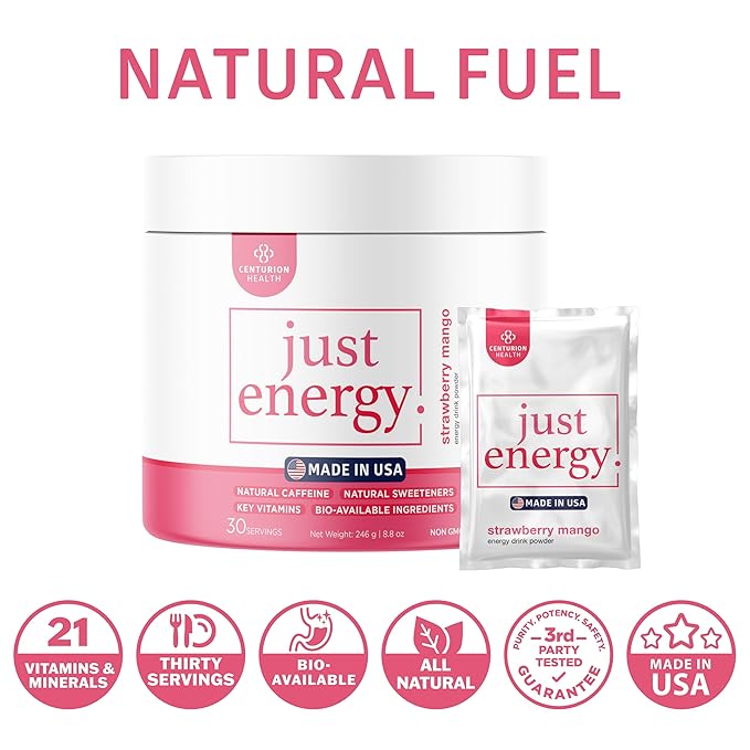 Just Energy Drink Powder, Refreshing Strawberry Mango Energy Drink Mix with 21 Energy-Boosting Ingredients, Includes B Vitamins, Choline, Zinc, Chromium and Inositol, 30 Servings