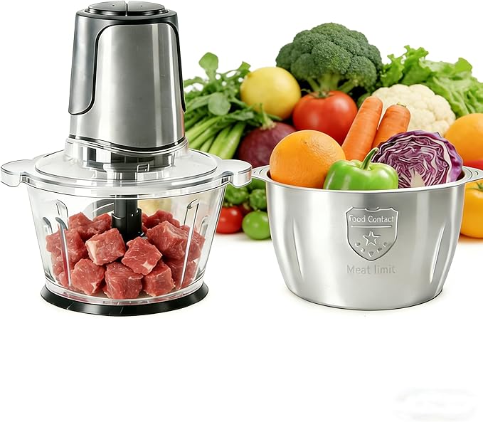 Simple Deluxe Electric Meat Grinders, 450W Mini Food Processor & Food Chopper with 2 Bowls (8 Cup+8 Cup) and 2 Bi-Level Blades for Fruits, Meat, Nuts, Baby Food, Silver