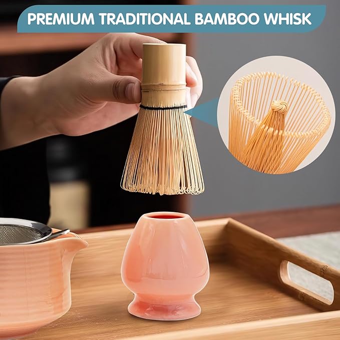 Matcha Whisk Set, Matcha Bowl, Matcha Whisk,Chasen Holder, Sieve, 2 Spoons, 6-Piece Set of Matcha Making Tools for Matcha Lovers and Traditional Tea Art Gift Box(Pink)